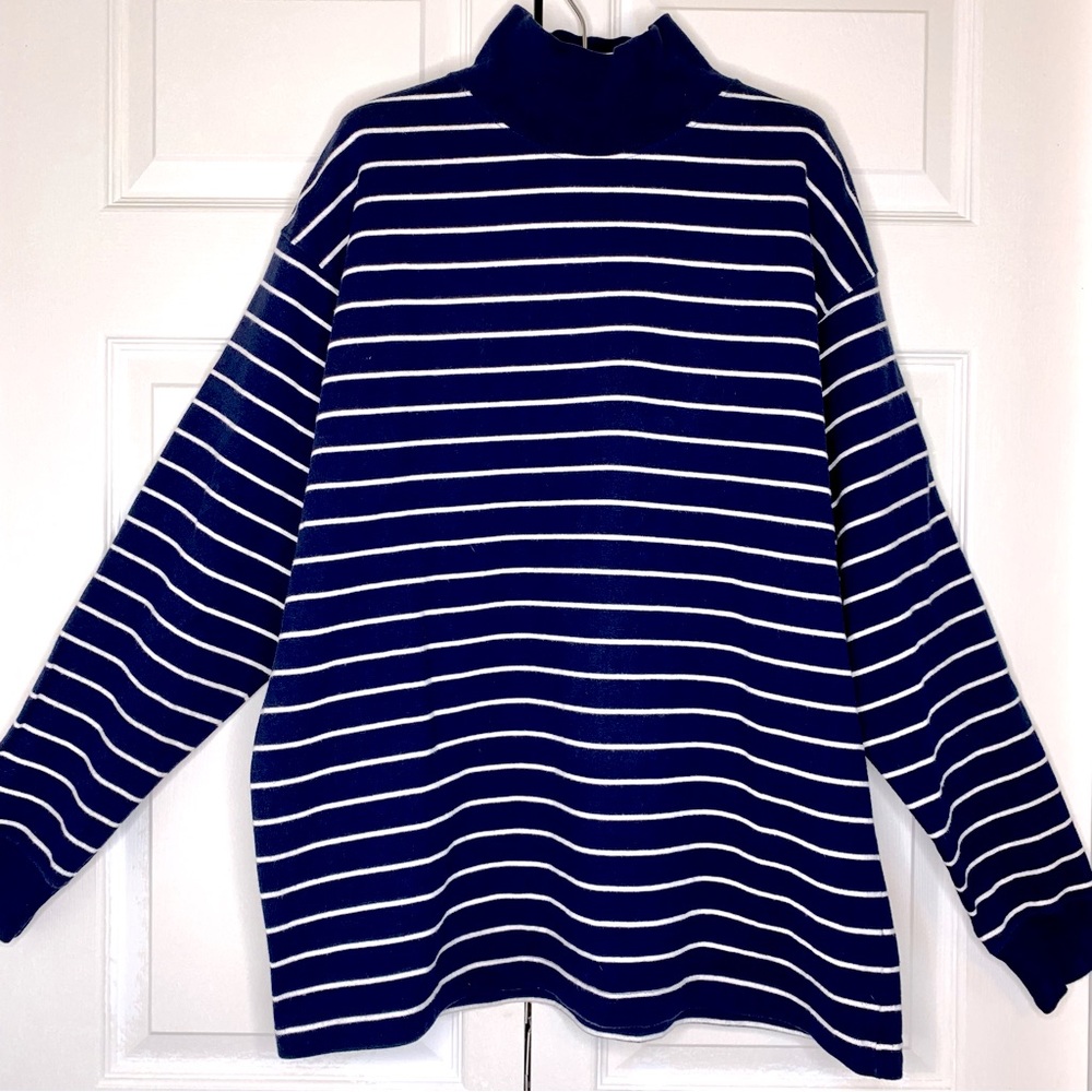 Lands End Mock Turtleneck Pullover Drop Shoulder Cotton Navy Stripe Sz M Relaxed